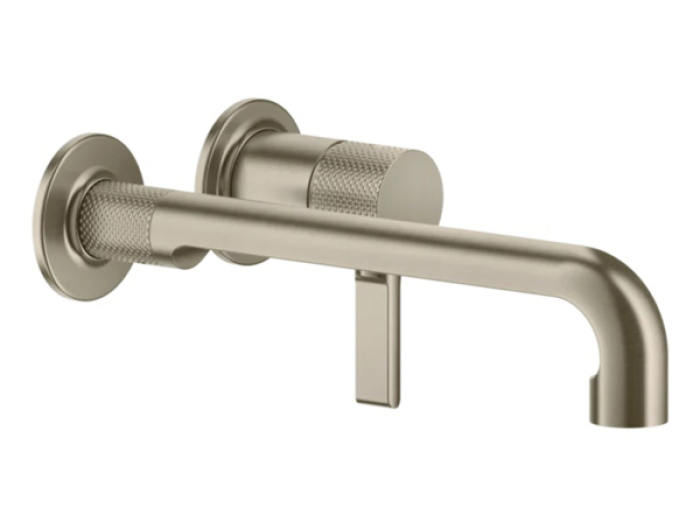 На изображении товар Смеситель для раковины Gessi Incisо, настенный, с длинным изливом, без донного клапана, внешняя часть, цвет Finox Brushed Nickel от официального представителя в Москве
