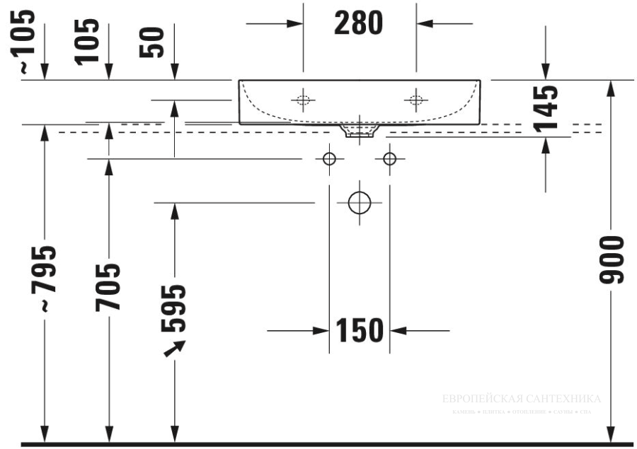 Раковина Duravit DuraSquare, с шлифованным низом, 600x470 мм, без перелива, с 1 отверстием под смеситель, цвет белый c покрытием WonderGliss - изображение 8