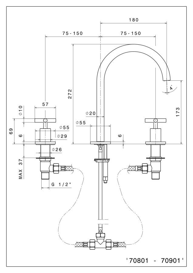 Смеситель для раковины Newform Blink, на 3 отверстия, средний излив, донный клапан, цвет PVD Glossy gold - изображение 1