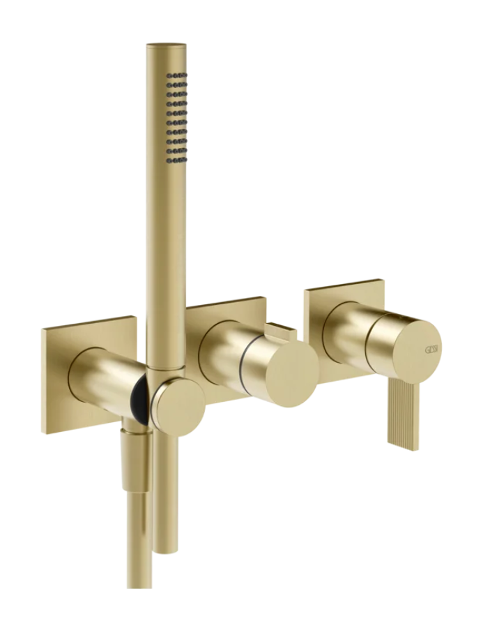 Cмеситель для душа Gessi Inverso, встраиваемый, настенный, на 2 выхода, с переключателем и ручным душем, внешняя часть, цвет Brushed Brass PVD