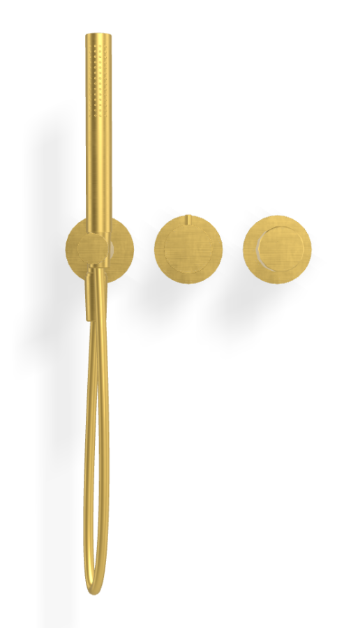 Смеситель для душа Carlo Frattini Spillo Tech, ручка V Collection, на 2 потребителя, с ручным душем, гибким шлангом хромалюкс 1500 мм, внешняя часть, цвет брашированное золото - изображение 1