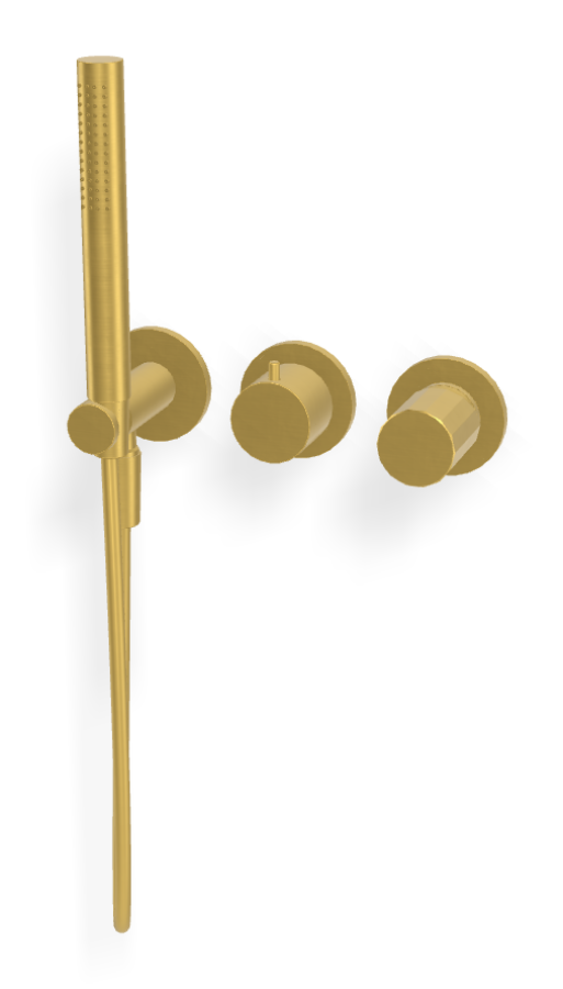 Смеситель для душа Carlo Frattini Spillo Tech, ручка V Collection, на 2 потребителя, с ручным душем, гибким шлангом хромалюкс 1500 мм, внешняя часть, цвет брашированное золото