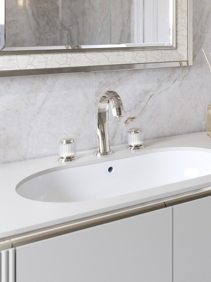 Смеситель THG Jaipur Satin Crystal, для раковины, на 3 отверстия, для мраморной столешницы, донный клапан, цвет никель - изображение 1