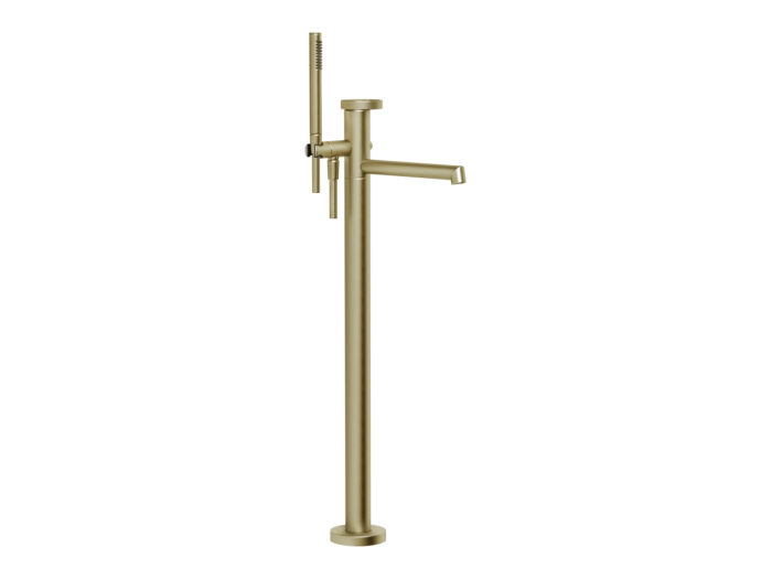 На изображении товар Cмеситель для ванны Gessi Anello, напольный, с душевой лейкой, встраиваемый, цвет Brass Brushed PVD от официального представителя в Москве