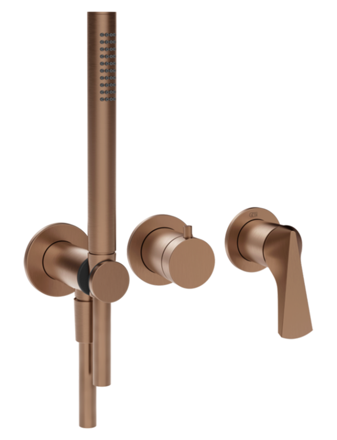 Смеситель для душа Gessi Ventaglio, встраиваемый, настенный, на 2 выхода, с ручным душем и переключателем, внешние части, цвет Copper Brushed PVD