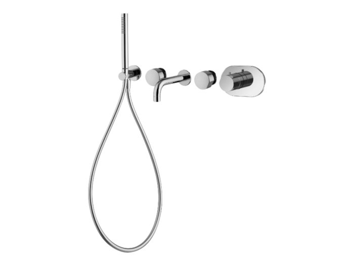 На изображении товар Термостат для ванны Carlo Frattini SO, без ручек, на 2 потребителя, с ручным душем, гибким шлангом хромалюкс 1500 мм, внешняя часть, цвет чёрный хром от официального представителя в Москве