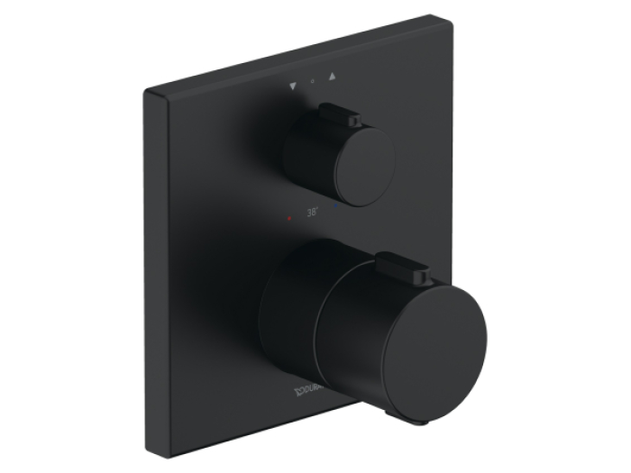 На изображении товар Термостат Duravit Thermostatic, на 2 потребителя, квадратная накладка 150х150 мм, латунь, внешняя часть, цвет чёрный матовый от официального представителя в Москве