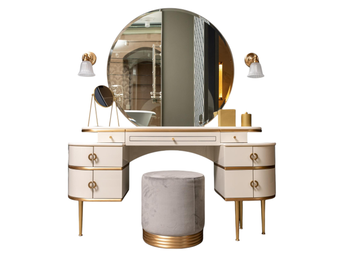 На изображении товар Туалетный столик Devon&Devon Zelda с мраморным топом, 155x45x183h см, цвет cream/grey/cremobrush, фурнитура матовая латунь от официального представителя в Москве