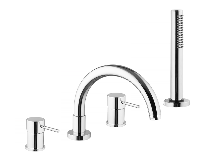 На изображении товар Смеситель для ванны Carlo Frattini Spillo Up, двойной, на борт, лейка с вытяжным шлангом, цвет белый матовый от официального представителя в Москве