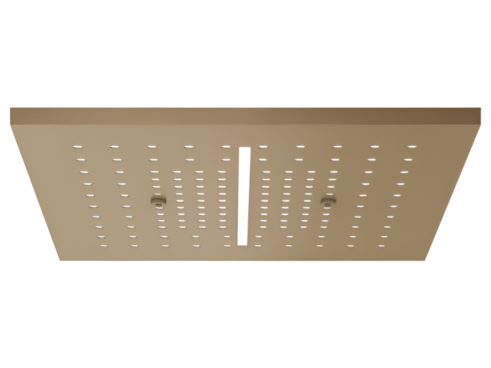 На изображении товар Накладная панель Gessi Afilo, подсветка, тропический ливень/водопад, хромотерапия, пульт управления с держателем, внешняя часть, 300x300 мм, цвет warm bronze brushed PVD от официального представителя в Москве