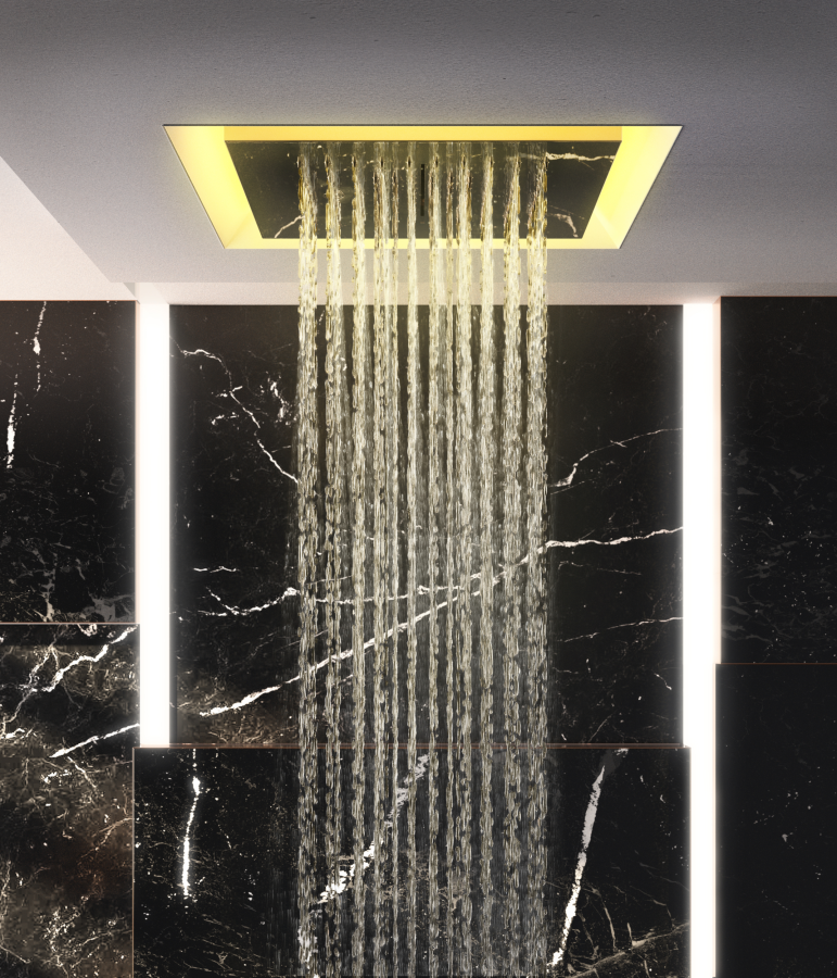 Накладная панель Gessi Afilo, подсветка, тропический ливень/водопад, хромотерапия, пульт управления с держателем, внешняя часть, 300x300 мм, цвет warm bronze brushed PVD - изображение 1