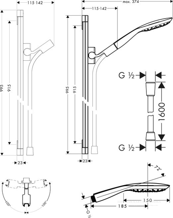 Душевой гарнитур Hansgrohe PuraVida Unica с ручным душем 3jet, штанга 900 мм, шланг 1600 мм, цвет хром - изображение 2