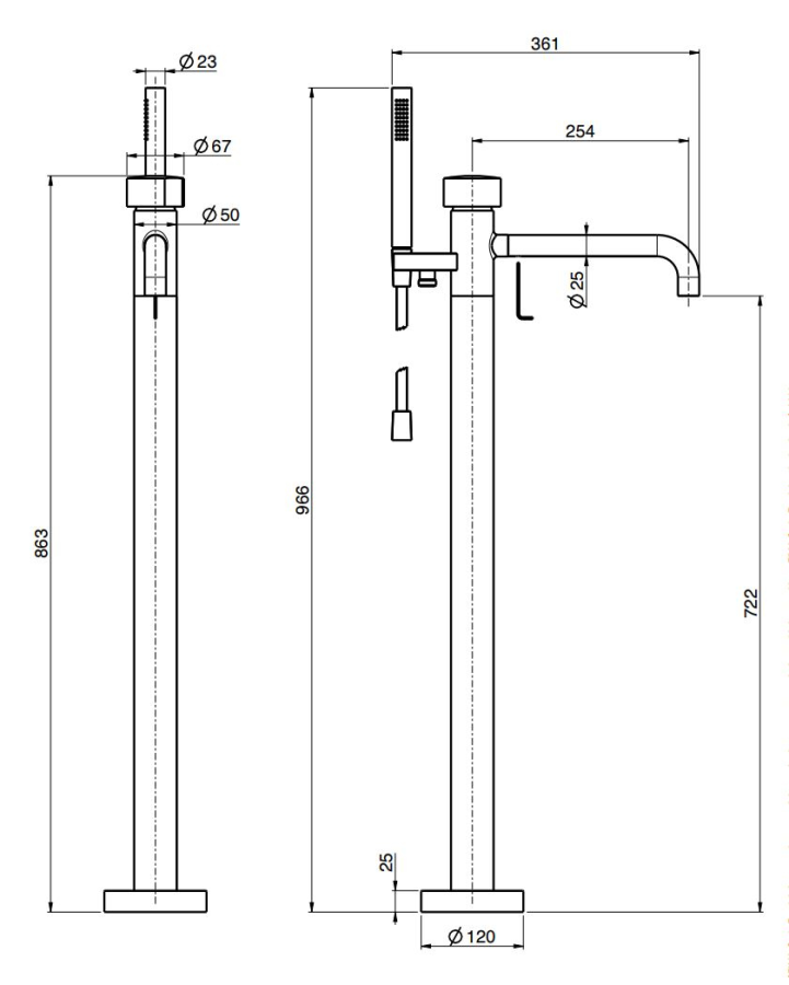 Смеситель для ванны Carlo Frattini SO, напольный, с гибким шлангом хромалюкс 1500 мм, переключателем, ручным душем, без ручек, внешняя часть, цвет брашированная янтарная бронза - изображение 3