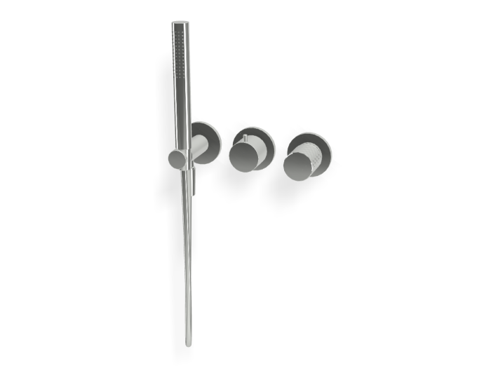 На изображении товар Смеситель для душа Carlo Frattini Spillo Tech, ручка X Collection, на 2 потребителя, с ручным душем, гибким шлангом хромалюкс 1500 мм, внешняя часть, цвет хром от официального представителя в Москве