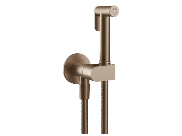 На изображении товар Гигиенический душ Gessi Tondo, с предохранительным клапаном, с лейкой, шлангом, шланговым подсоединением и держателем лейки, ширина 75 мм, цвет Copper Brushed PVD от официального представителя в Москве