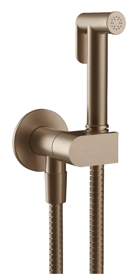 Гигиенический душ Gessi Tondo, с предохранительным клапаном, с лейкой, шлангом, шланговым подсоединением и держателем лейки, ширина 75 мм, цвет Copper Brushed PVD