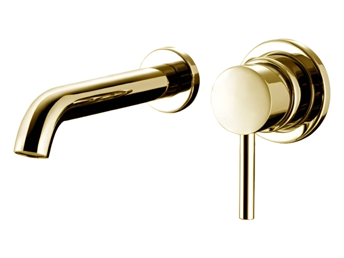 На изображении товар Смеситель для раковины Bossini Oki , настенный, механический встраиваемый, с изливом 220 мм, без донного клапана, внешняя и скрытая части, цвет золото от официального представителя в Москве