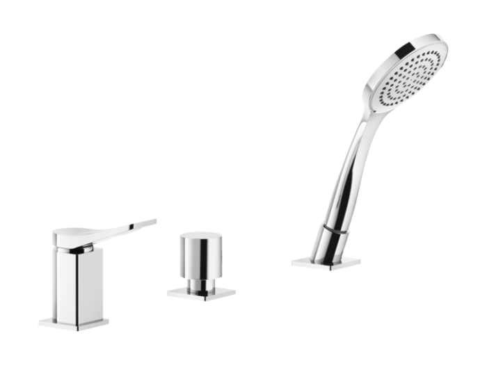 На изображении товар Смеситель для ванны Gessi Rilievo, на 3 отверстия, с ручным душем, налив через слив-перелив с переключателем, цвет Chrome от официального представителя в Москве