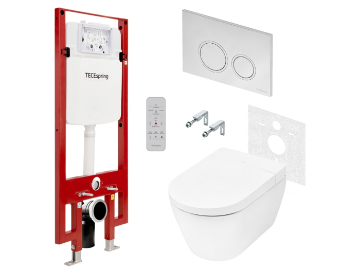 На изображении товар Комплект TECEspring для установки подвесного унитаза-биде с панелью смыва TECEspring, цвет белый/хром от официального представителя в Москве