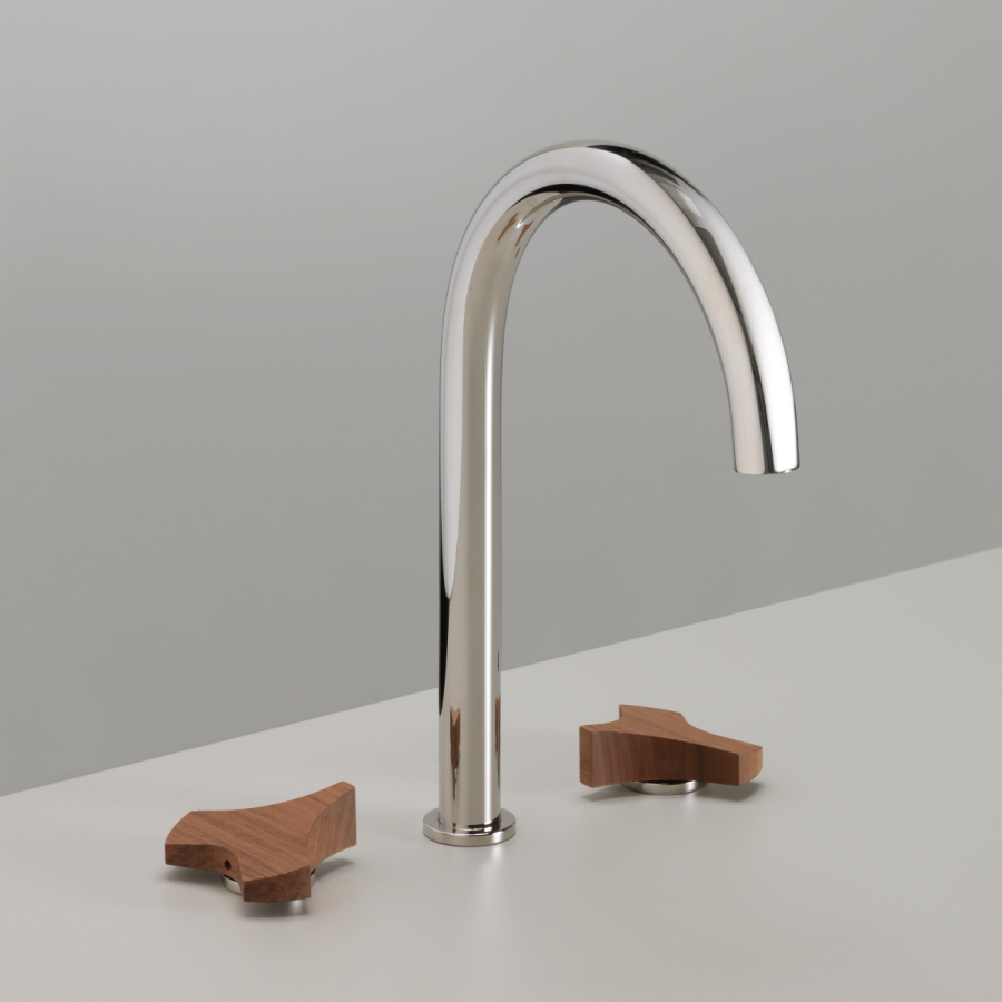 Смеситель для раковины CeaDesign Ziqq, на 3 отверстия, поворотный излив, ручка Canaletto Walnut, сталь, цвет сатинированная сталь - изображение 1