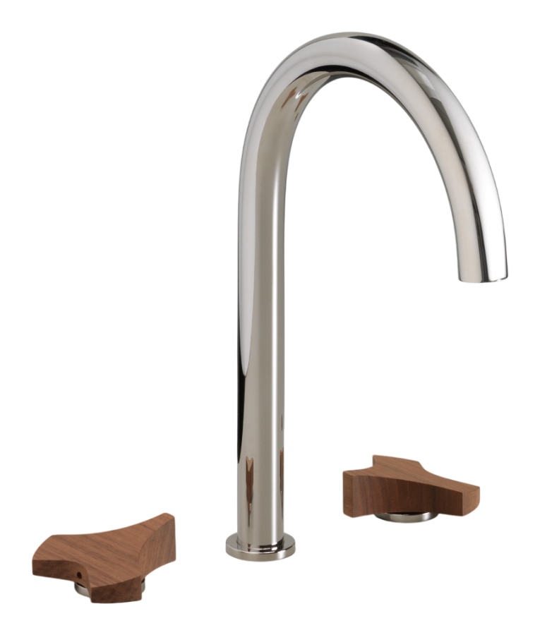 Смеситель для раковины CeaDesign Ziqq, на 3 отверстия, поворотный излив, ручка Canaletto Walnut, сталь, цвет сатинированная сталь
