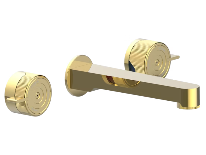 На изображении товар Смеситель для раковины THG Zoom.7, на 3 отверстия, встраиваемый в стену, с изливом голиаф, внешняя часть, цвет Polished gold от официального представителя в Москве