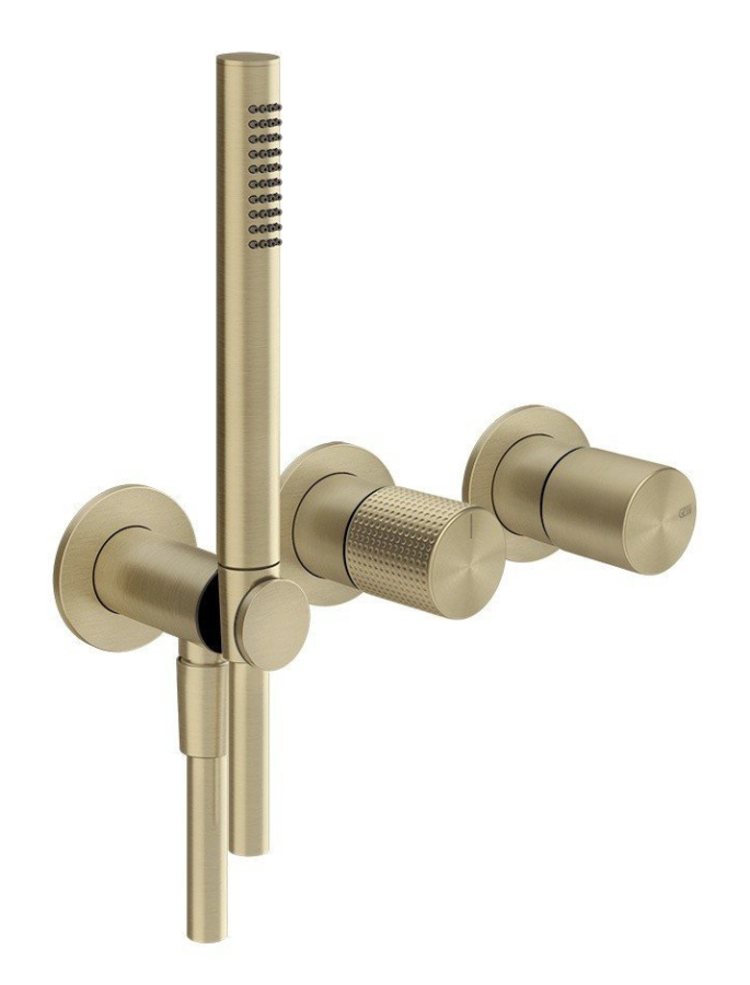 Cмеситель для душа Gessi Habito, встраиваемый, на 2 выхода, c переключателем, лейкой, шлангом, шланговым подсоединением со встроенным держателем лейки, внешние части, цвет Brushed Brass PVD