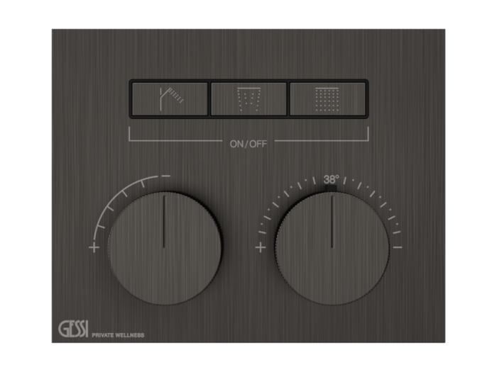 На изображении товар Термостат Gessi HI-FI, до 3-х функций одновременно, встраиваемый, настенный, цвет Black Metal Brushed PVD от официального представителя в Москве