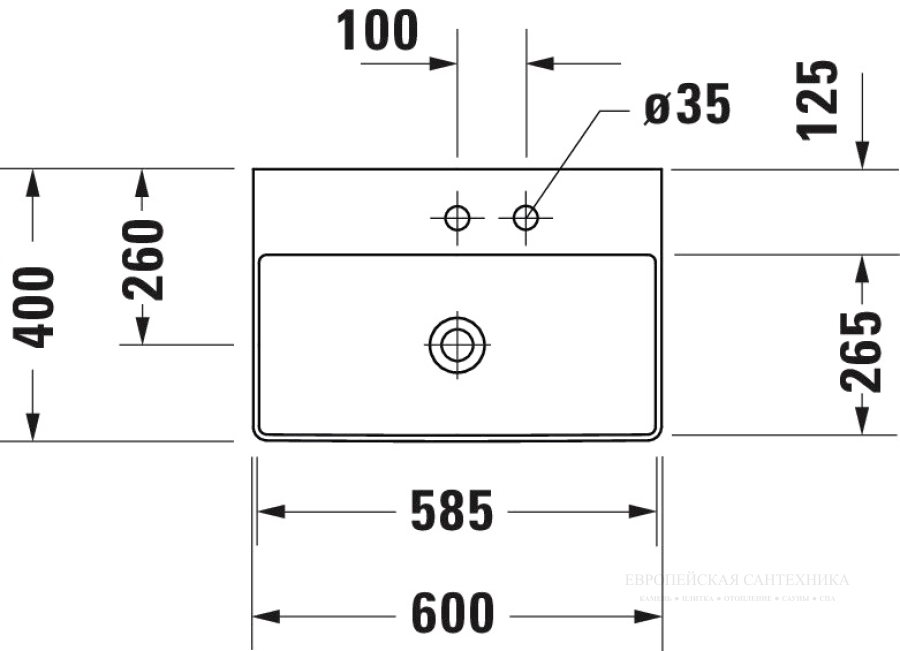 Раковина Duravit DuraSquare компакт, с шлифованным низом, 600x400 мм, без перелива, без отверстий под смеситель, цвет белый с покрытием WonderGliss - изображение 7