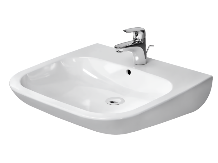 На изображении товар Раковина Duravit D-Code Vital подвесная, 600х555 мм, с переливом, 1 отверстие под смеситель, цвет белый от официального представителя в Москве