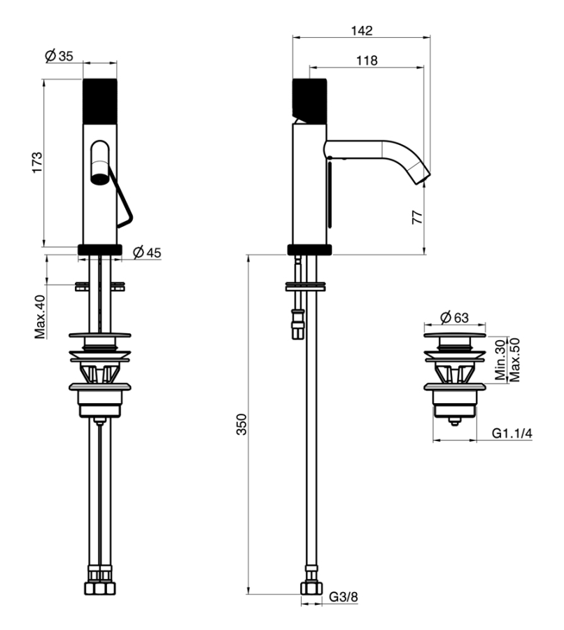 Cмеситель для раковины Carlo Frattini Spillo Tech XS, ручка G Collection, донный клапан Click-Clack, цвет чёрный матовый - изображение 7