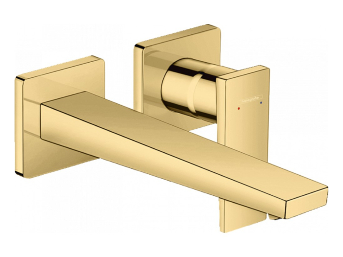 На изображении товар Смеситель для раковины Hansgrohe Metropol, однорычажный, настенный, внешняя часть, с донным клапаном, цвет золото полированное от официального представителя в Москве