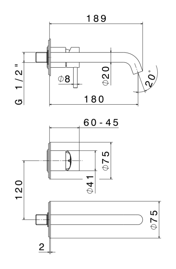 Смеситель для раковины Newform X-steel 316, настенный, встр-й, однорычажный, на 2 отверстия, излив 189 мм, внешняя часть, цвет PVD Brushed Gold - изображение 1