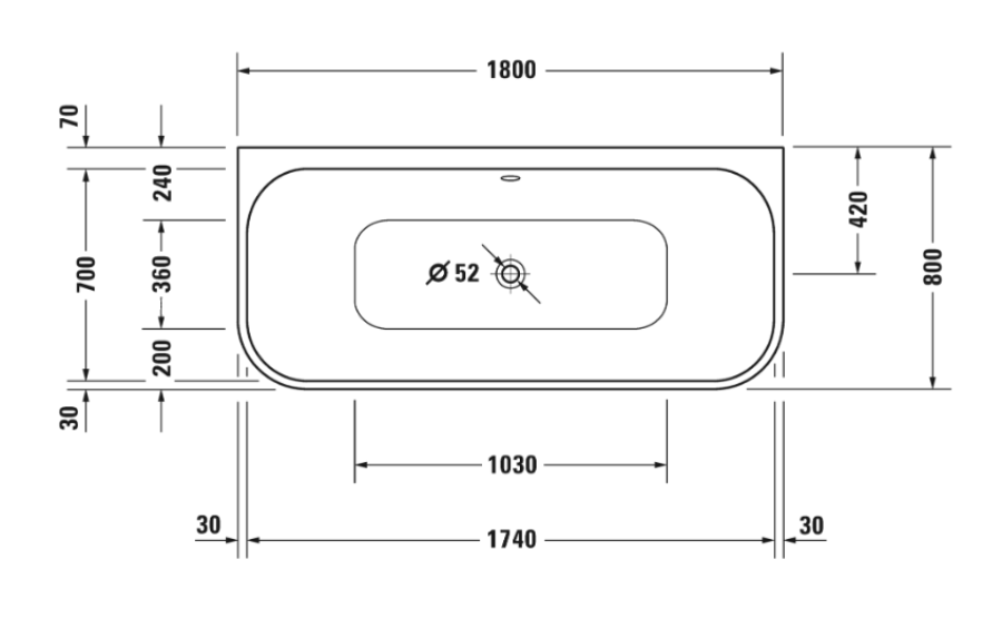 Ванна Duravit Happy D.2 Plus, пристенная, 1800x800 мм, 2 наклона для спины, с интегрированной панелью, цвет белый/графит супер матовый - изображение 9