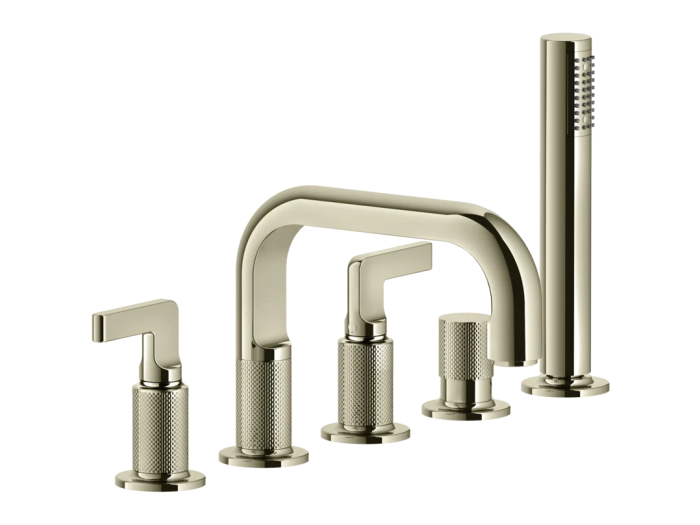 На изображении товар Смеситель для ванны Gessi Inciso, на 5 отверстий, с изливом и ручным душем, цвет Nickel PVD от официального представителя в Москве
