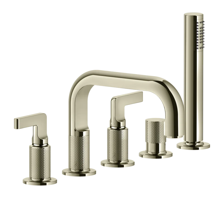 Смеситель для ванны Gessi Inciso, на 5 отверстий, с изливом и ручным душем, цвет Nickel PVD