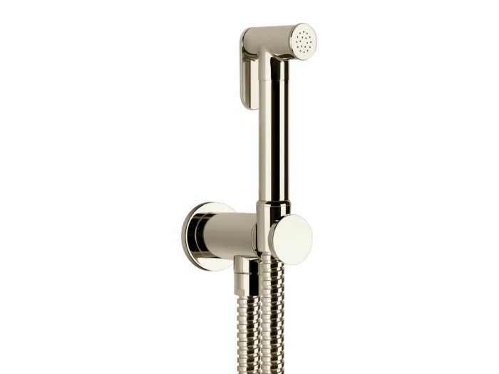 На изображении товар Гигиенический душ Gessi Tondo, шланг 1250 мм, шланговое подсоединение с держателем лейки, цвет Nickel PVD от официального представителя в Москве