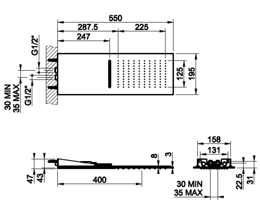 Многофункциональный душ Gessi Tremillimetri Quadro 200, для 2-х позиционного переключателя (не входит в комплект), настенный, с функциями дождь/водопад, цвет Black Metal PVD - изображение 2