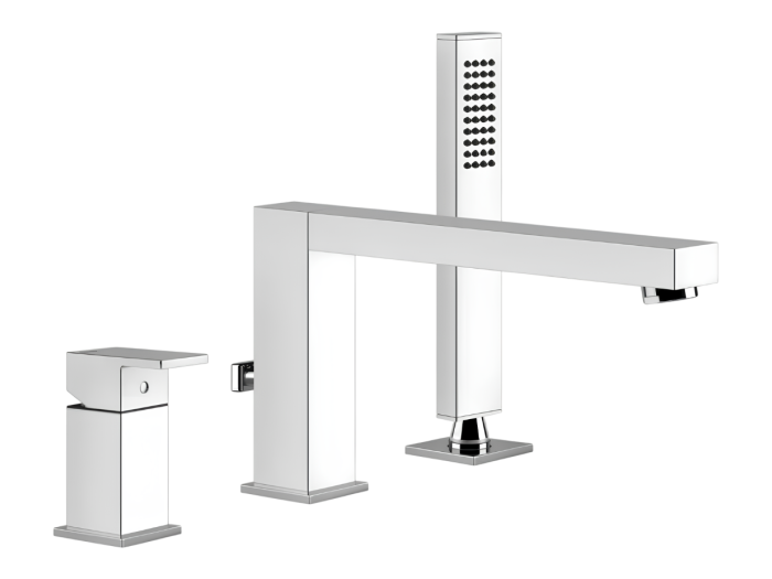На изображении товар Смеситель для ванны Gessi Rettangolo, на 3 отверстия с переключателем, выдвижным ручным душем, шлангом, цвет Chrome от официального представителя в Москве