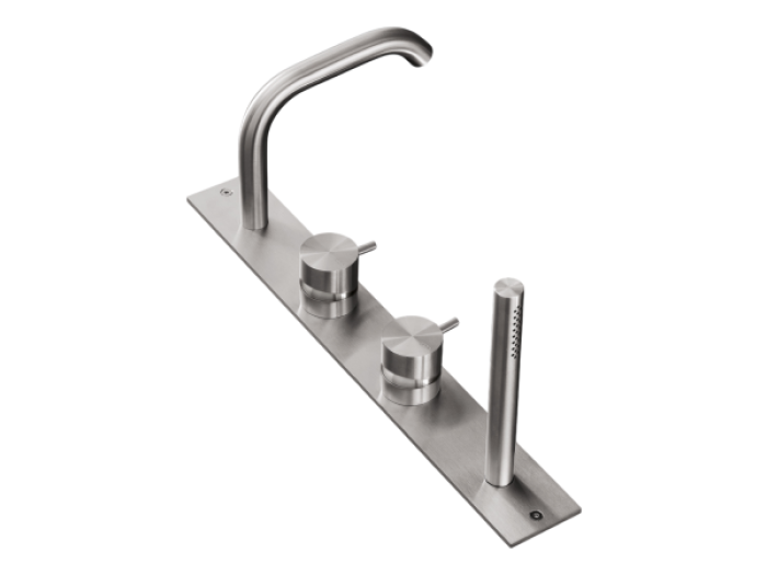 На изображении товар Смеситель на борт ванны CeaDesign Milo360, с 2-мя смесителями, с изливом H. 130 мм, с ручным душем Ø 18 мм, внешняя часть, цвет Black Diamond сатинированный от официального представителя в Москве