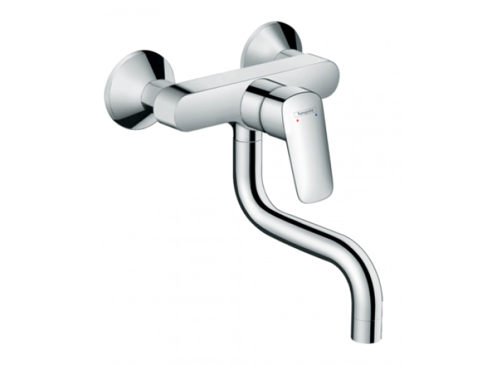 На изображении товар Смеситель для кухни Hansgrohe Logis M31, настенный, однорычажный, низкий излив, цвет хром от официального представителя в Москве