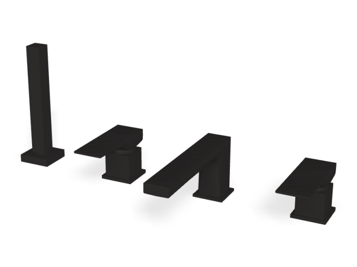 На изображении товар Смеситель для ванны Carlo Frattini Zeta, на борт, на 4 отверстия, двухрычажный, с изливом, вытяжным ручным душем, цвет матовый чёрный от официального представителя в Москве