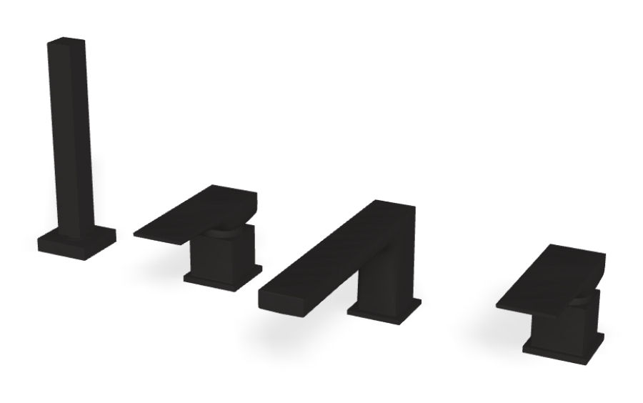 Смеситель для ванны Carlo Frattini Zeta, на борт, на 4 отверстия, двухрычажный, с изливом, вытяжным ручным душем, цвет матовый чёрный