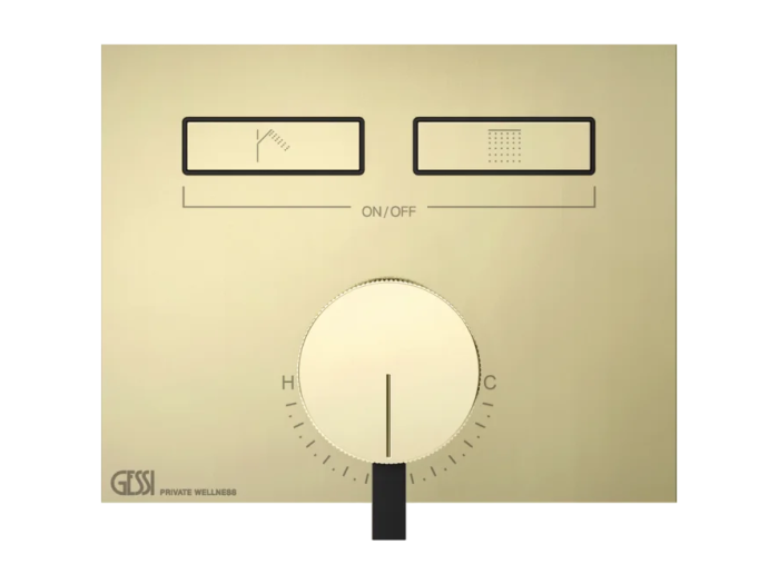 На изображении товар Смеситель Gessi Hi-Fi, однорычажный, до 2 функций одновременно, с кнопками вкл/выкл, внешняя часть, цвет Brass PVD от официального представителя в Москве