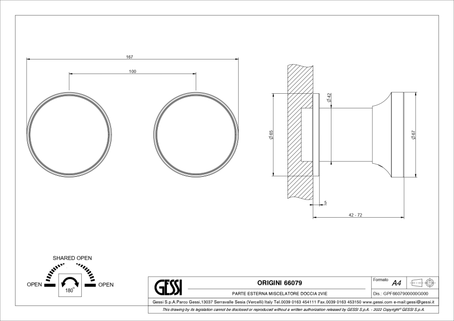 Смеситель Gessi Origini, настенный, на 2 выхода, с переключателем, внешние части, цвет Brushed Brass PVD - изображение 7