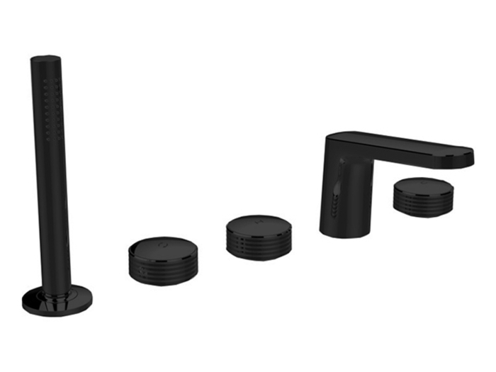 На изображении товар Смеситель для ванны Carlo Frattini Texture Collection Н, на борт, на 5 отверстий, с изливом, переключателем, вытяжным душем, без накладок, цвет матовый чёрный от официального представителя в Москве