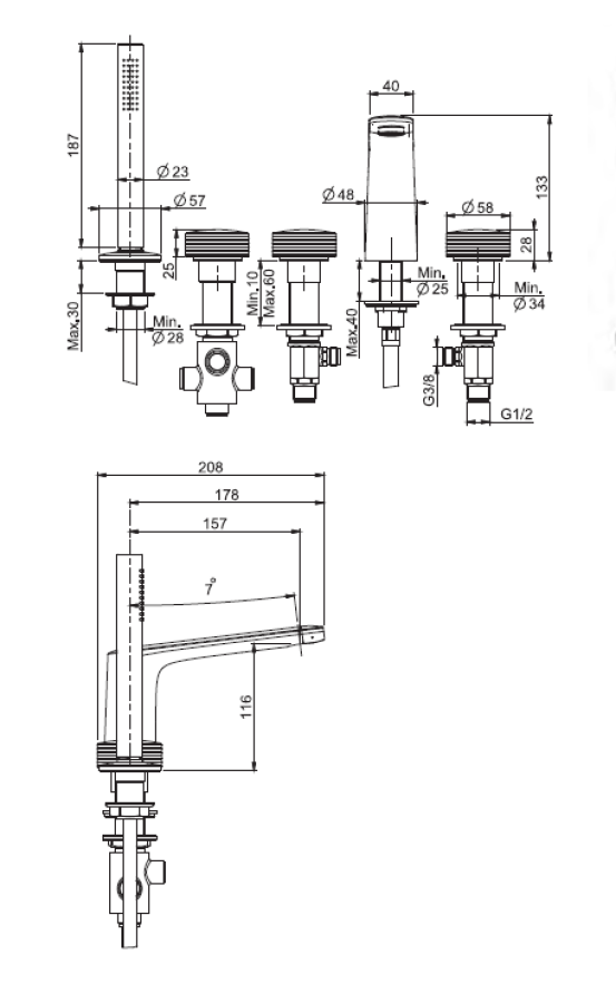 Смеситель для ванны Carlo Frattini Texture Collection Н, на борт, на 5 отверстий, с изливом, переключателем, вытяжным душем, без накладок, цвет матовый чёрный - изображение 1