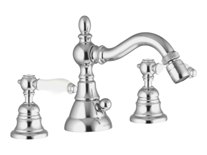 На изображении товар Смеситель для биде Carlo Frattini Herend, двухвентильный, с вращающимся изливом, 2 гибкими шлангами, донным клапаном 1"1/4, Н-152 мм, цвет бронза античная от официального представителя в Москве