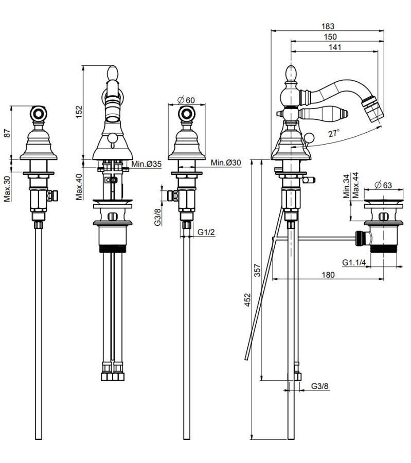 Смеситель для биде Carlo Frattini Herend, двухвентильный, с вращающимся изливом, 2 гибкими шлангами, донным клапаном 1"1/4, Н-152 мм, цвет бронза античная - изображение 1
