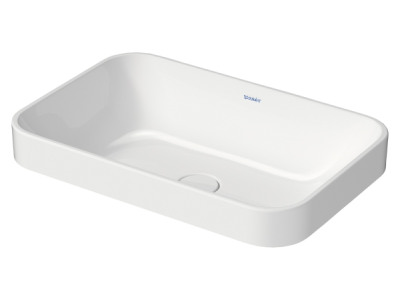 На изображении товар Раковина Duravit Happy D.2 Plus, полувстраиваемая, 600х400 мм, без перелива, выпуск с керамической крышкой, шлифованная, цвет белый глянцевый с WonderGliss от официального представителя в Москве